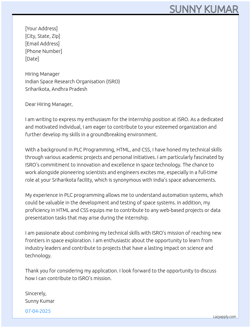 Internship At ISRO Cover Letter