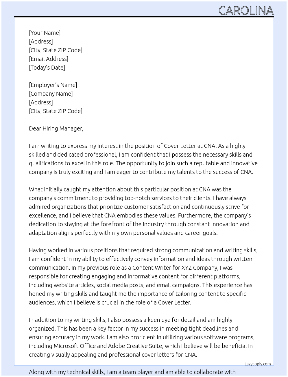 Cover letter At CNA Cover Letter