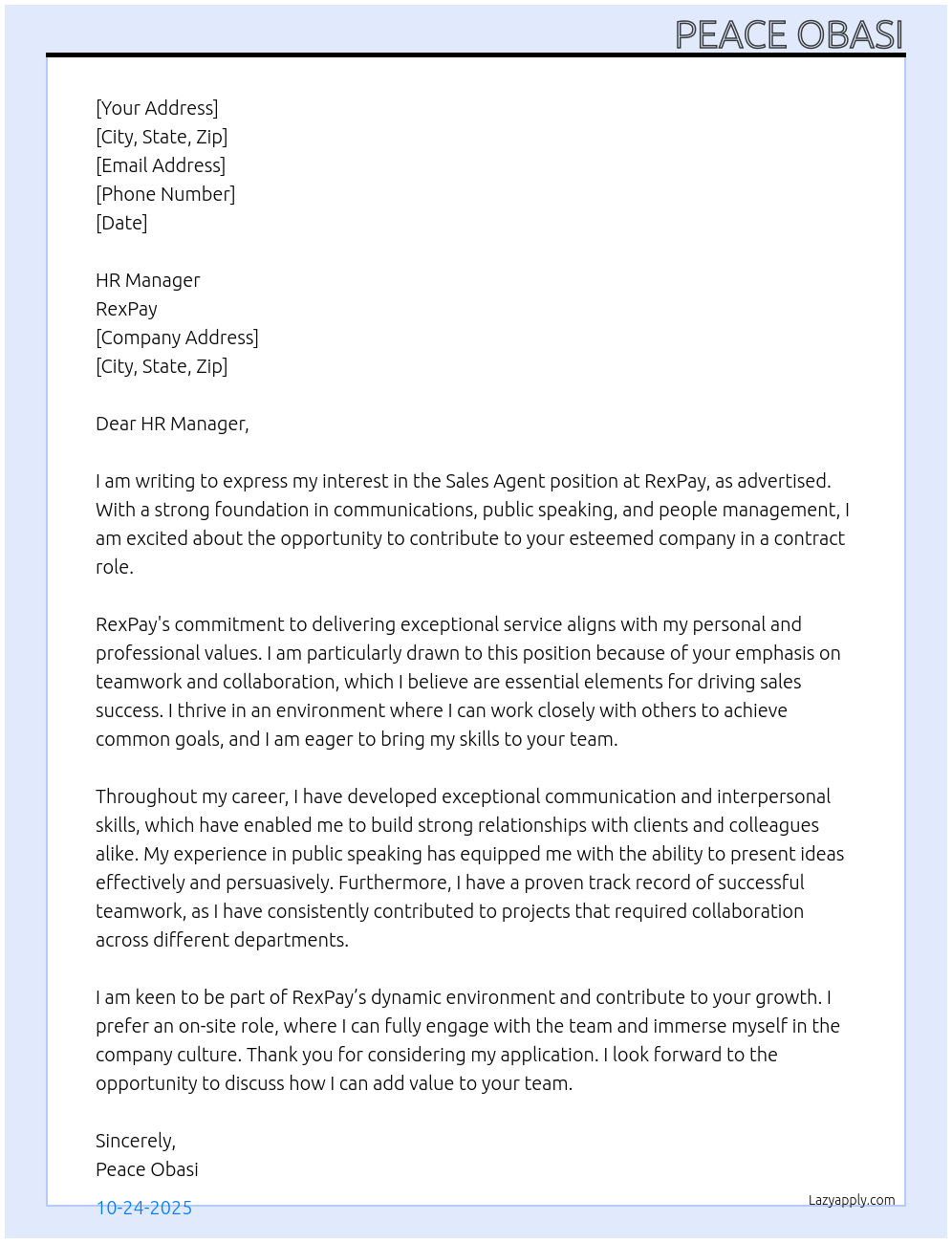 Cover letter for sales agent - LazyApply