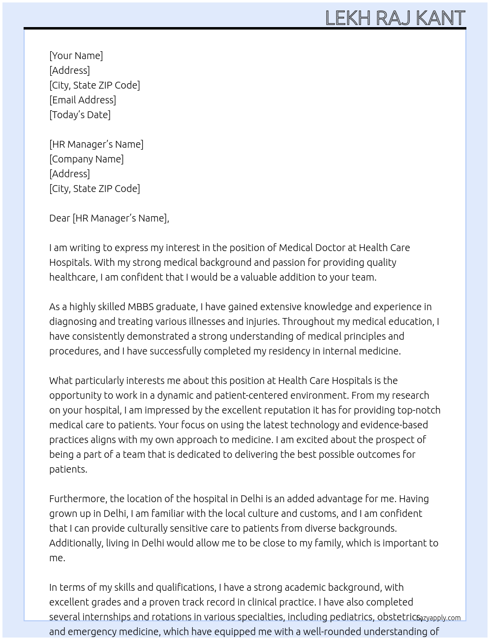 medical doctor At health care hospitals Cover Letter