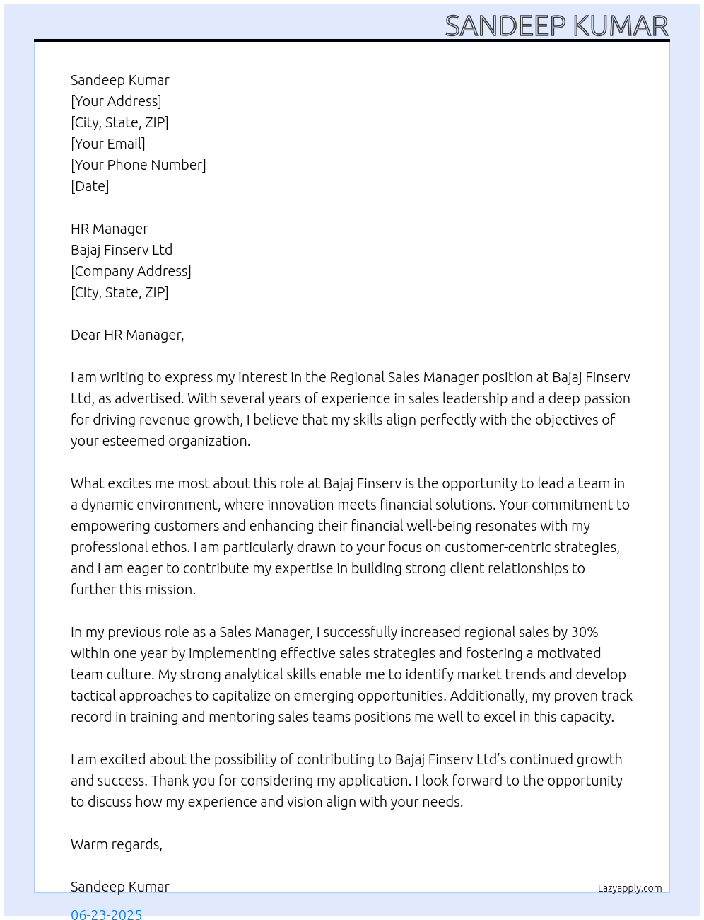 Regional Sales Manager At Bajaj Finserv Ltd Cover Letter