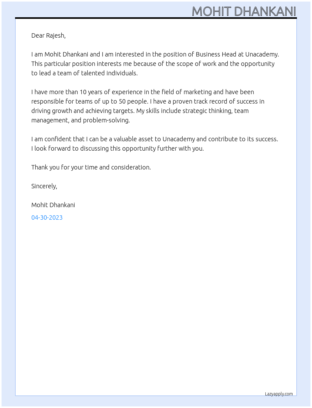 Business Head At Unacademy Cover Letter