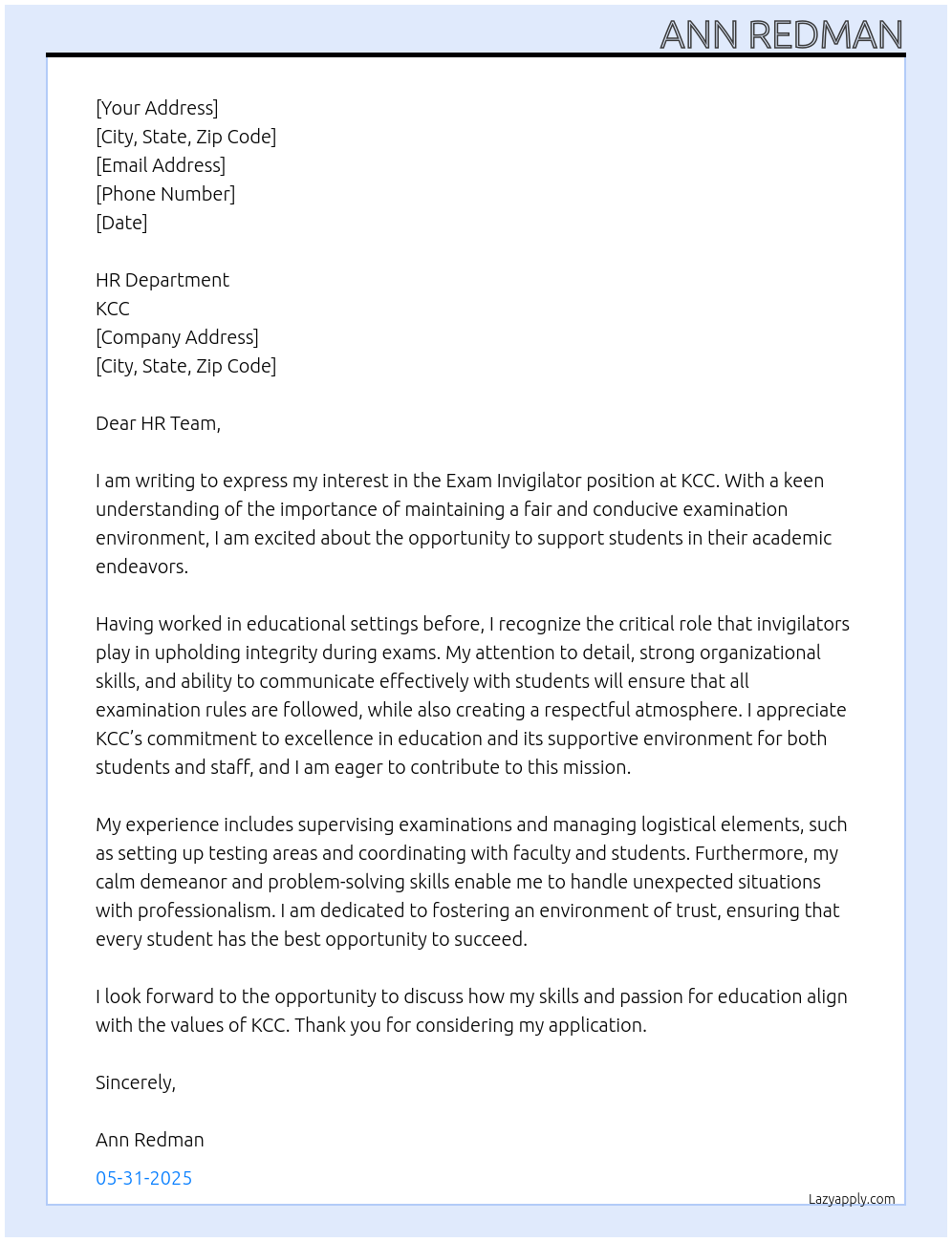 Cover letter for exam invigilator - LazyApply