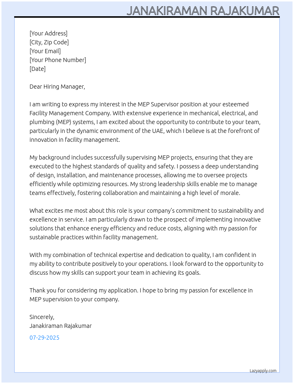 MEP SUPERVISOR At Facility management company Cover Letter