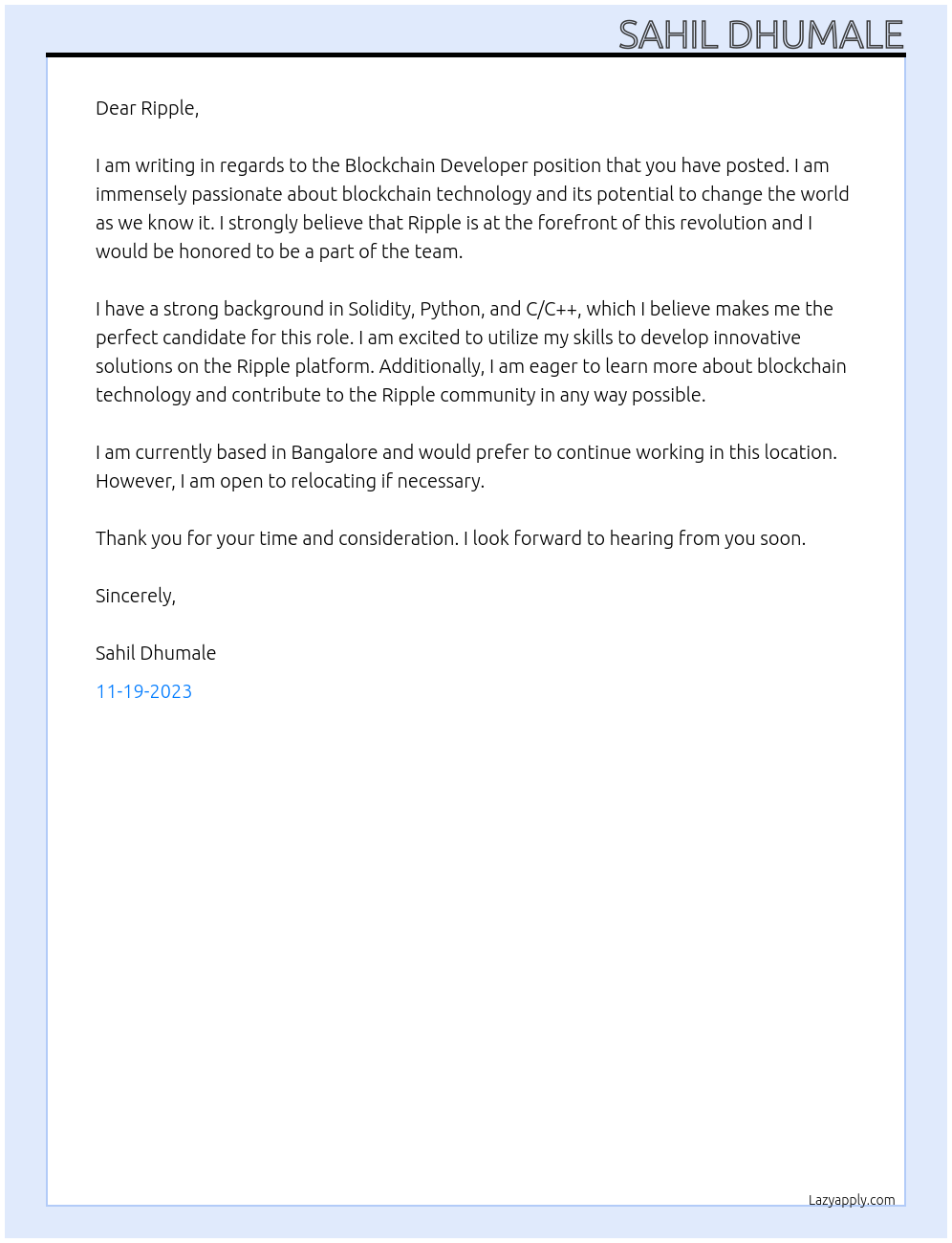 Blockchain Developer At Ripple Cover Letter