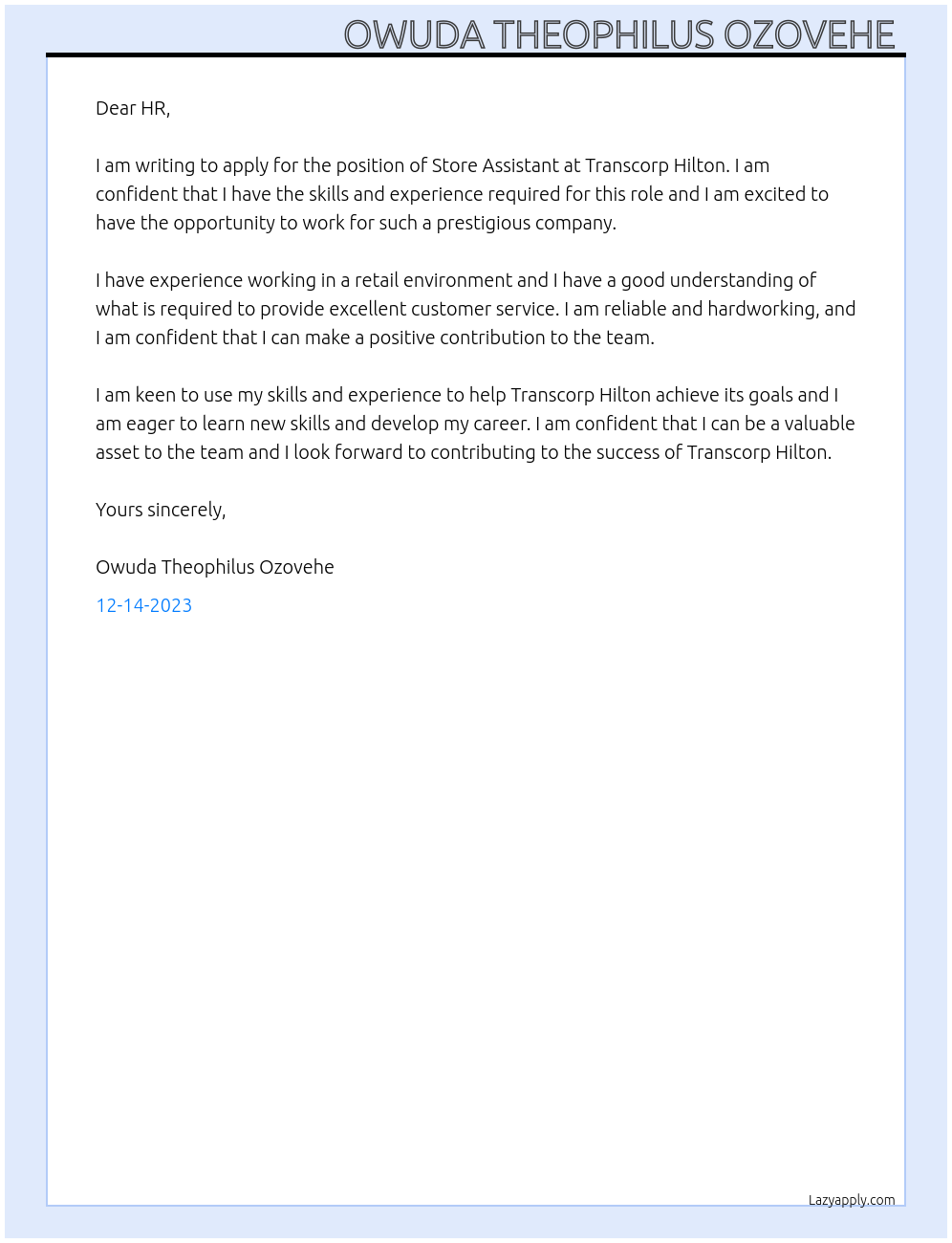 Store assistant At Transcorp Hilton Cover Letter