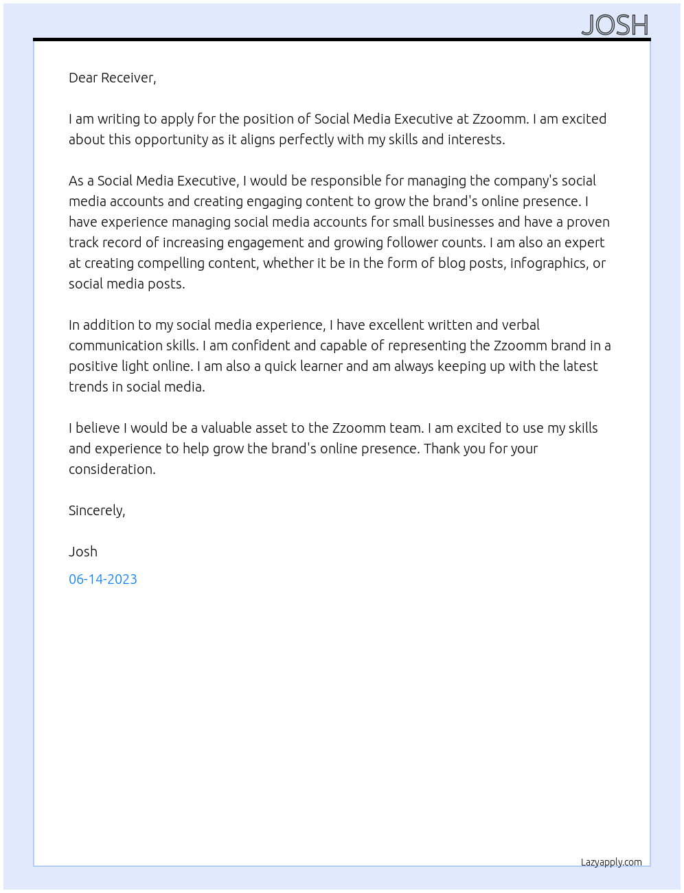 Social Media Executive At Zzoomm Cover Letter