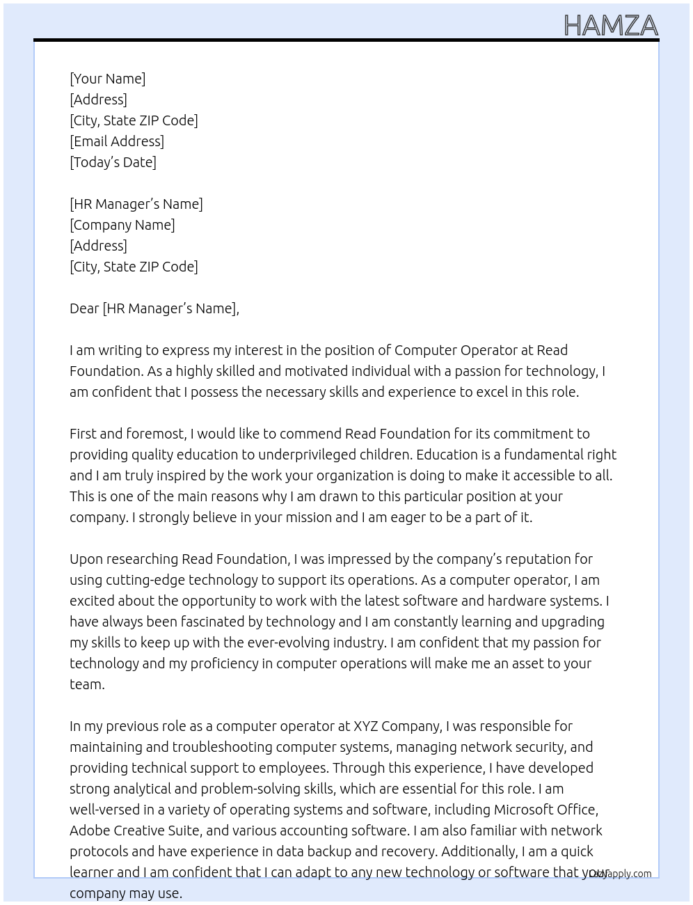 computer operator At read foundation Cover Letter