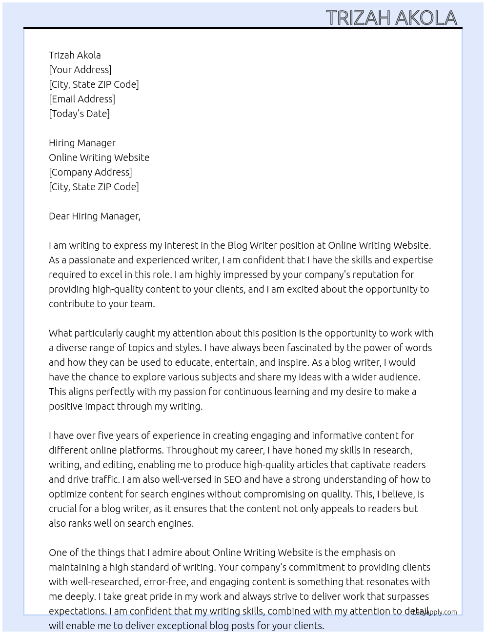 Blog writer At Online writing website Cover Letter