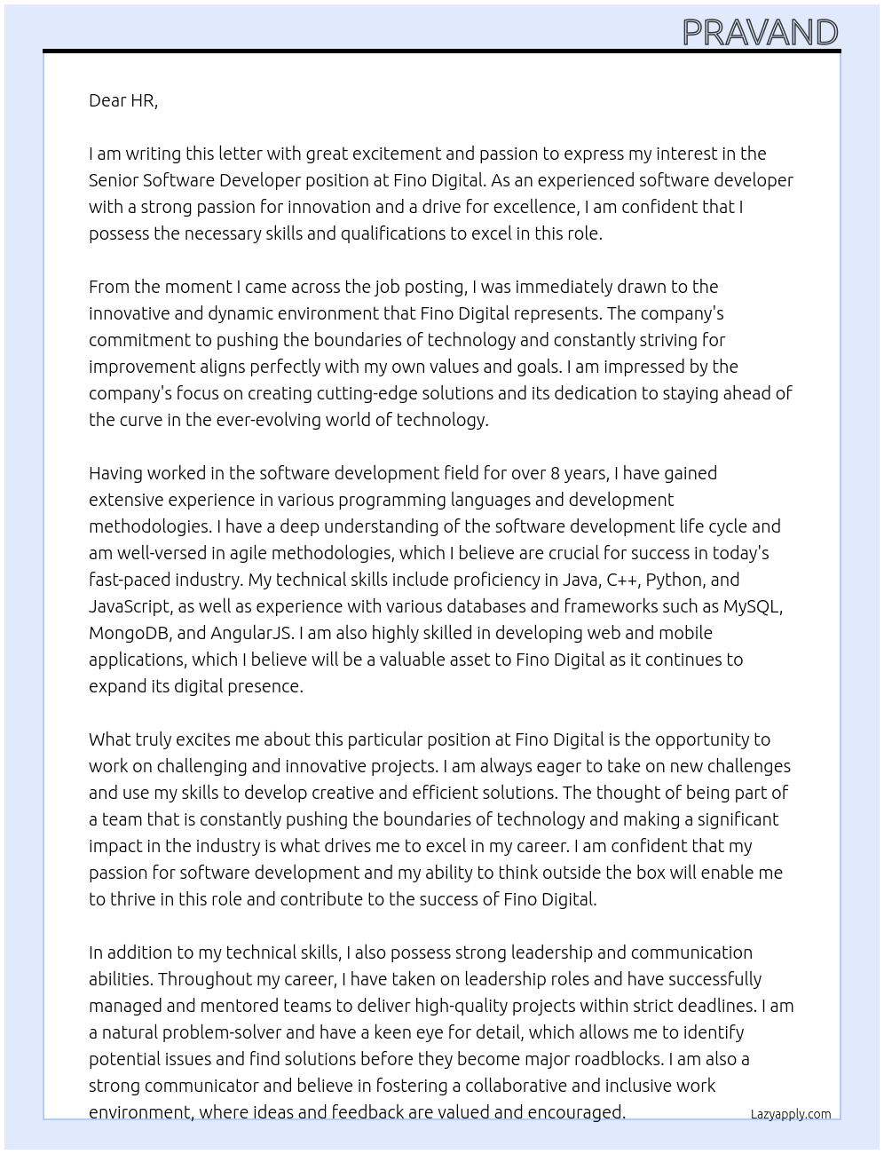 Senior Software Developer At fino digital Cover Letter