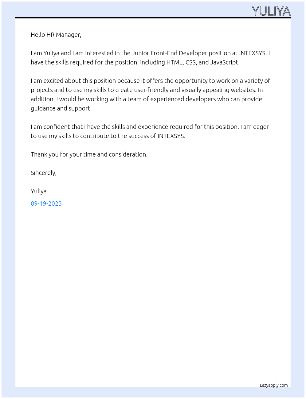 Junior Front-End Developer At INTEXSYS Cover Letter