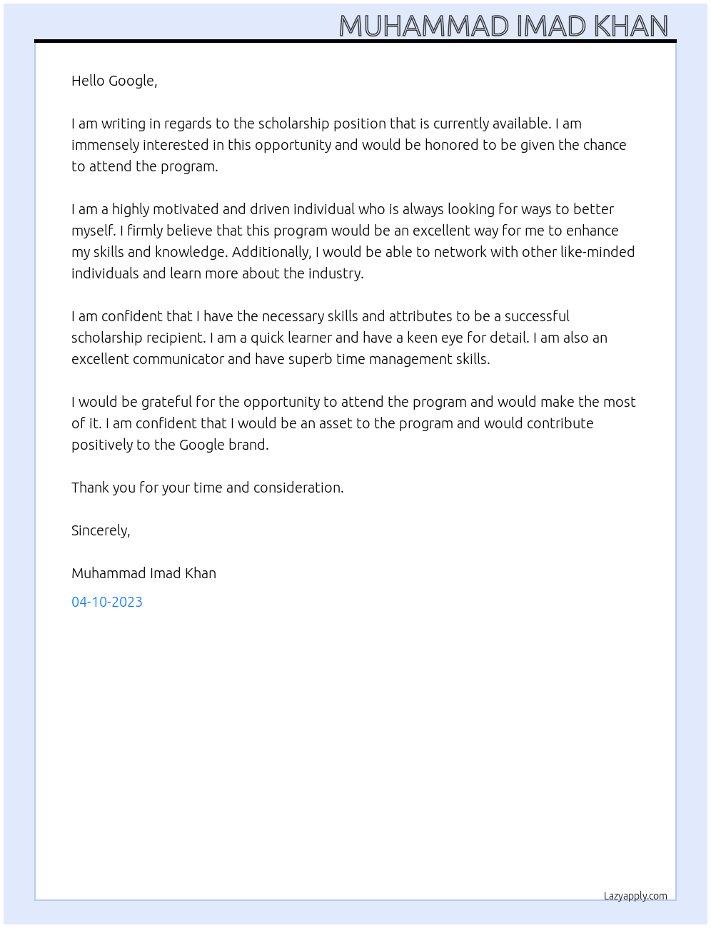 Scholarship At Google Cover Letter