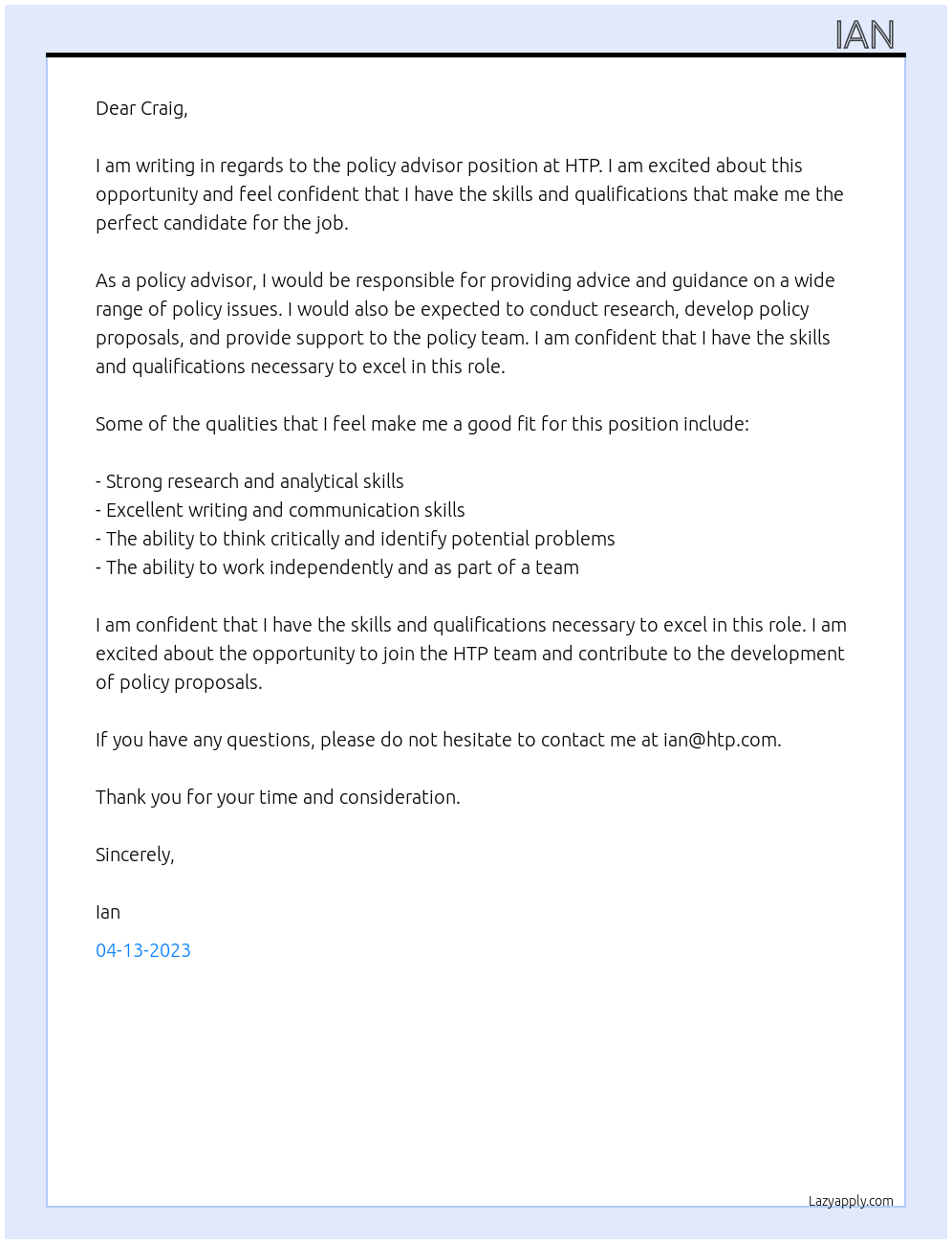 Policy advisor At HTP Cover Letter