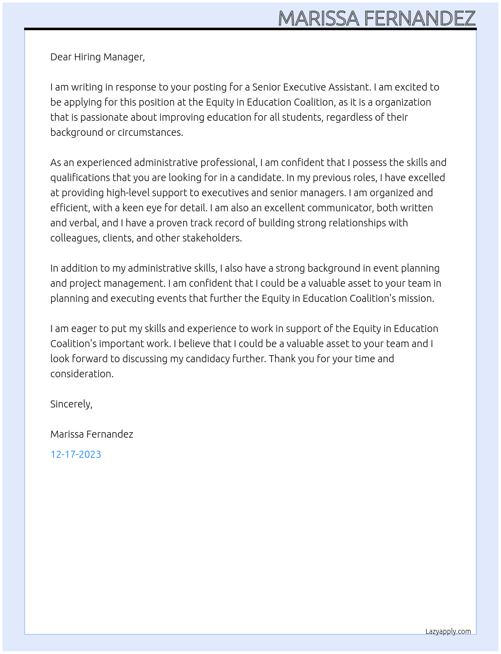 Senior Executive Assistant At Equity in Education Coalition Cover Letter
