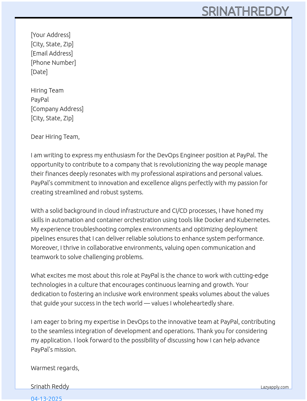 Devops engineer At Paypal Cover Letter