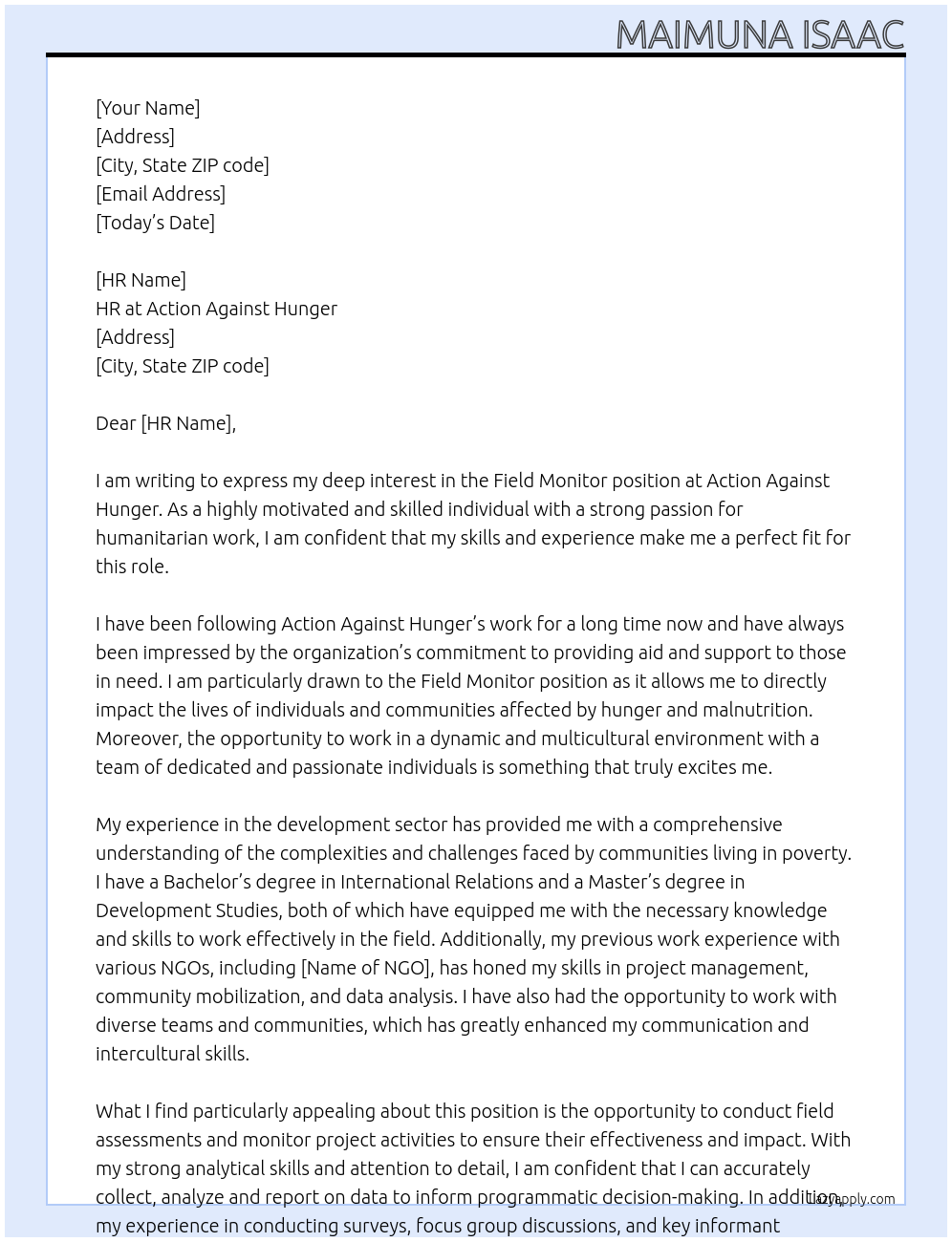 Field monitor At Action against hunger Cover Letter