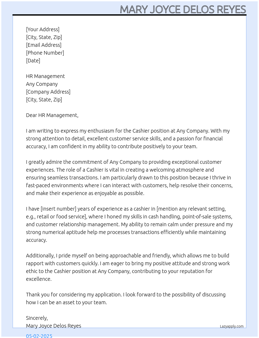 Cashier At Any company Cover Letter