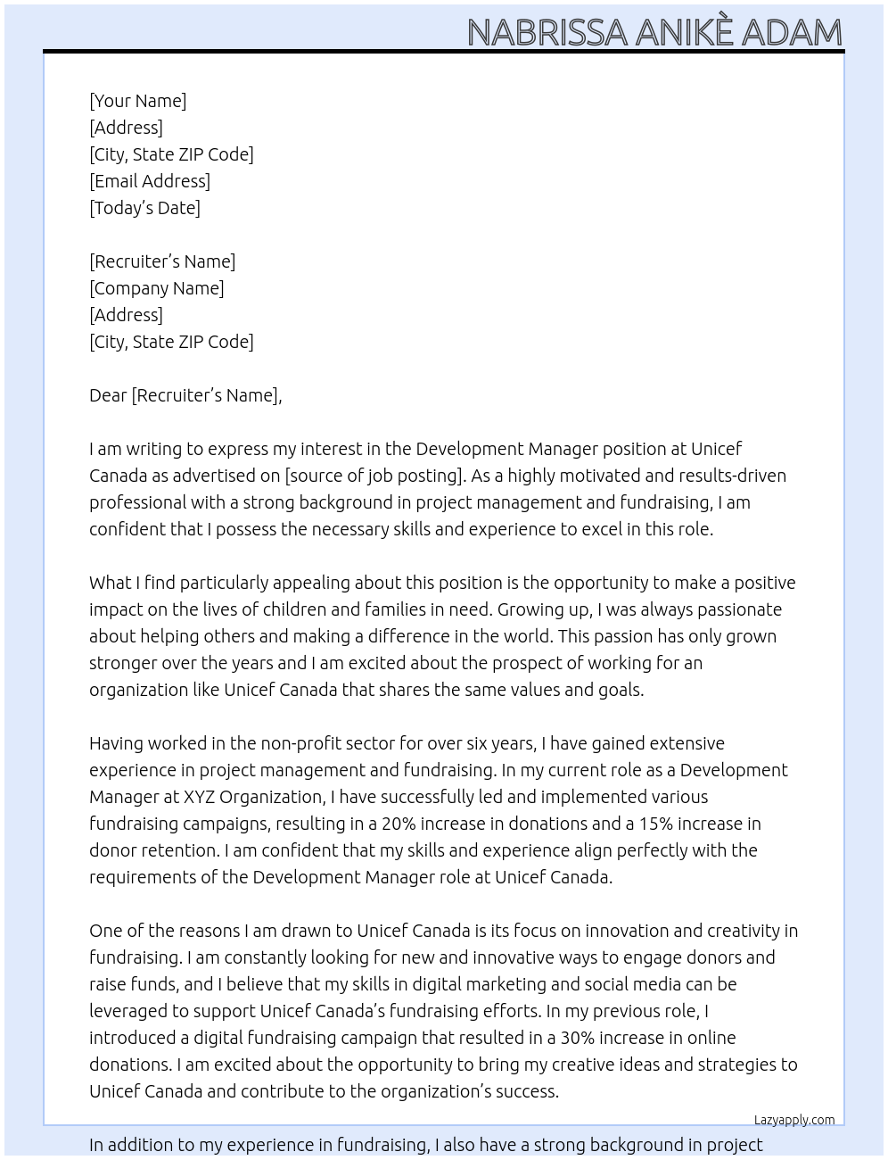 Development Manager At Unicef Canada Cover Letter