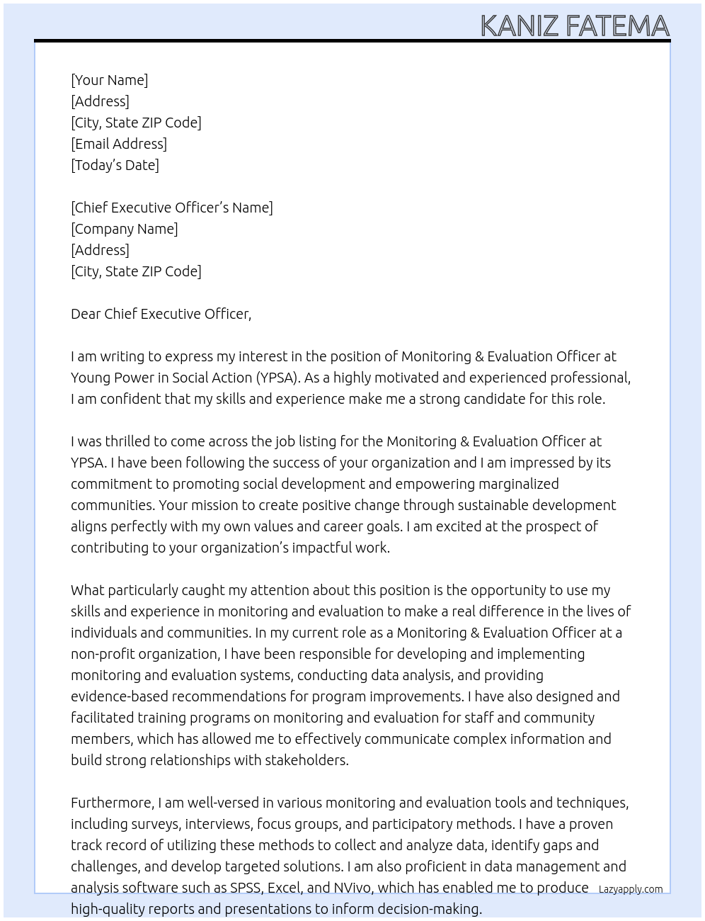 Monitoring & Evaluation Officer At Young Power in Social Action (YPSA) Cover Letter