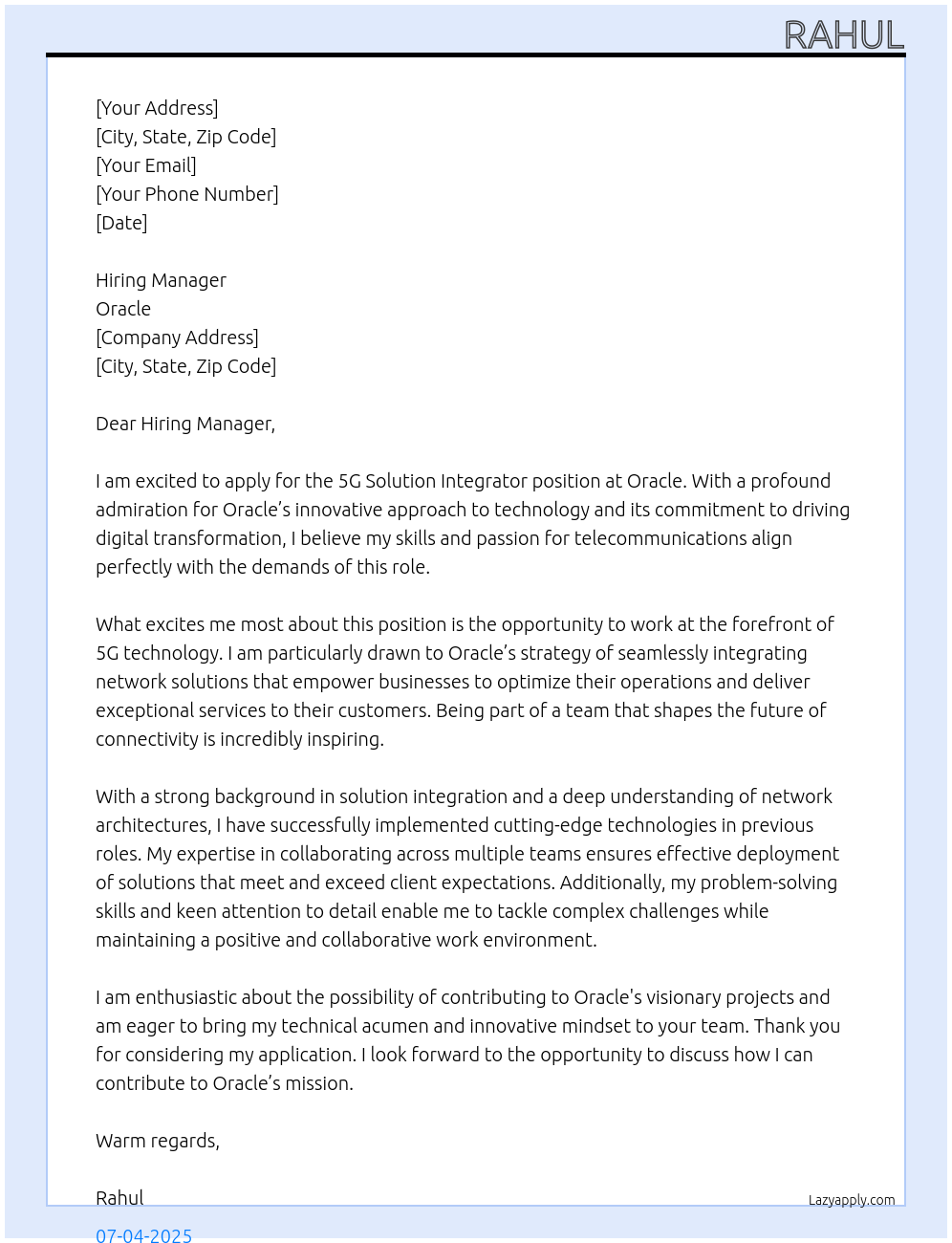 5G Solution Integrator At Oracle Cover Letter