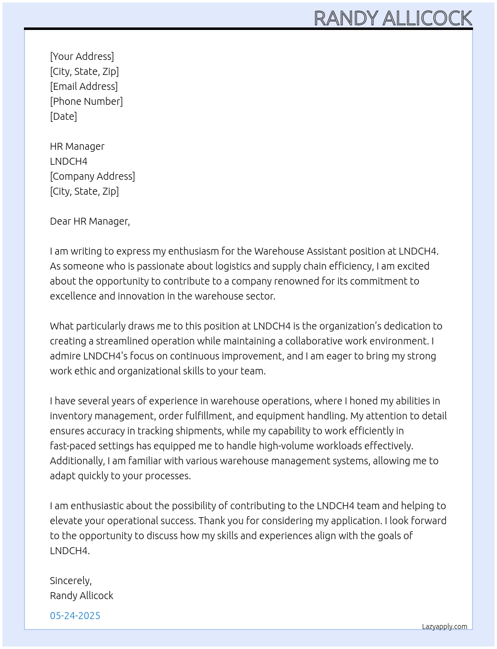 Warehouse Assistant  At LNDCH4 Cover Letter