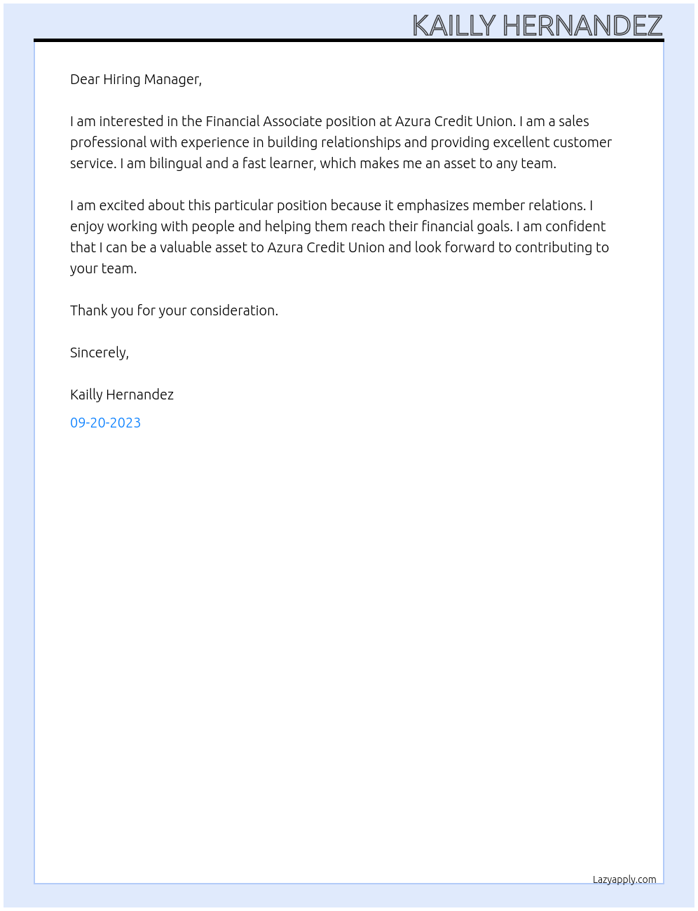 Financial Associate At Azura Credit Union Cover Letter