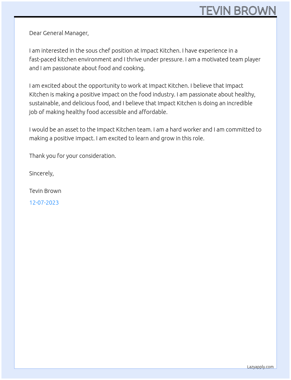sous chef At Impact Kitchen Cover Letter