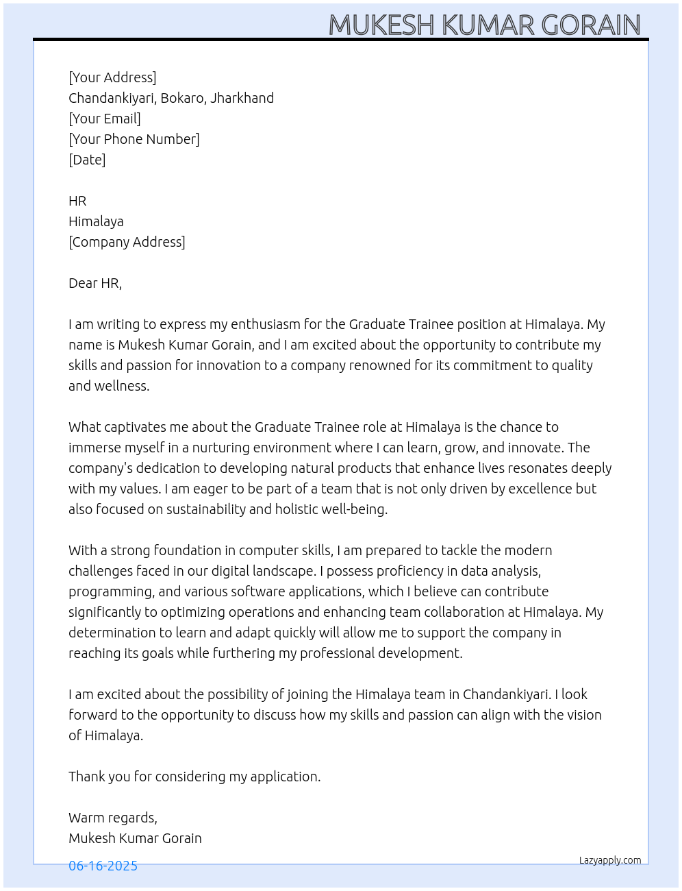 Graduate Trainee At Himalaya Cover Letter