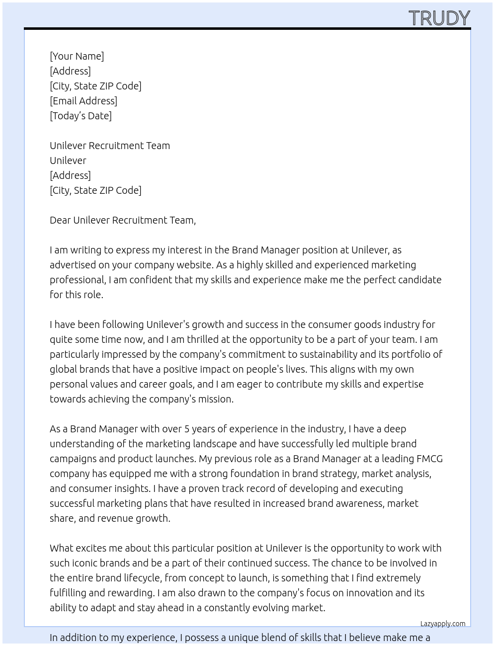 Brand Manager At Unilever Cover Letter