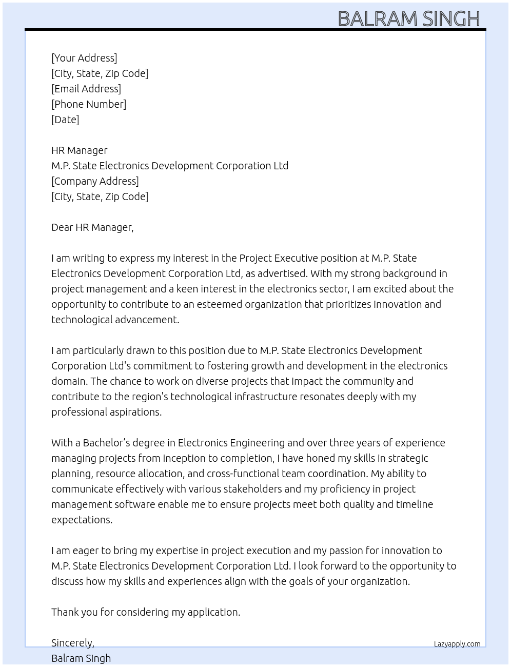 Cover letter for project executive - LazyApply