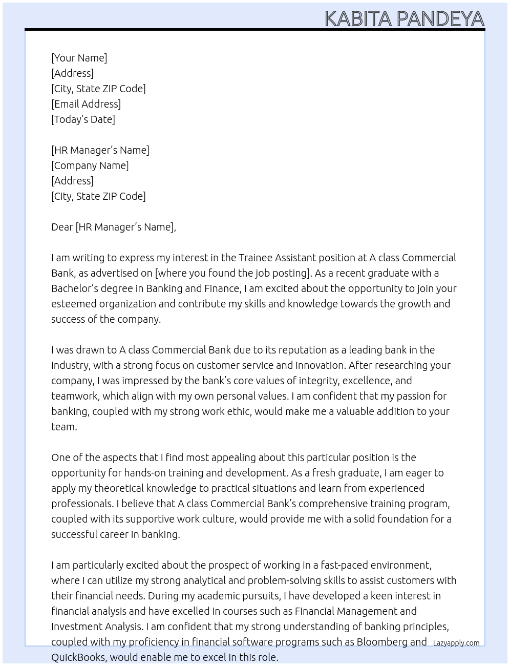 Trainee Assistant At A class Commercial Bank Cover Letter