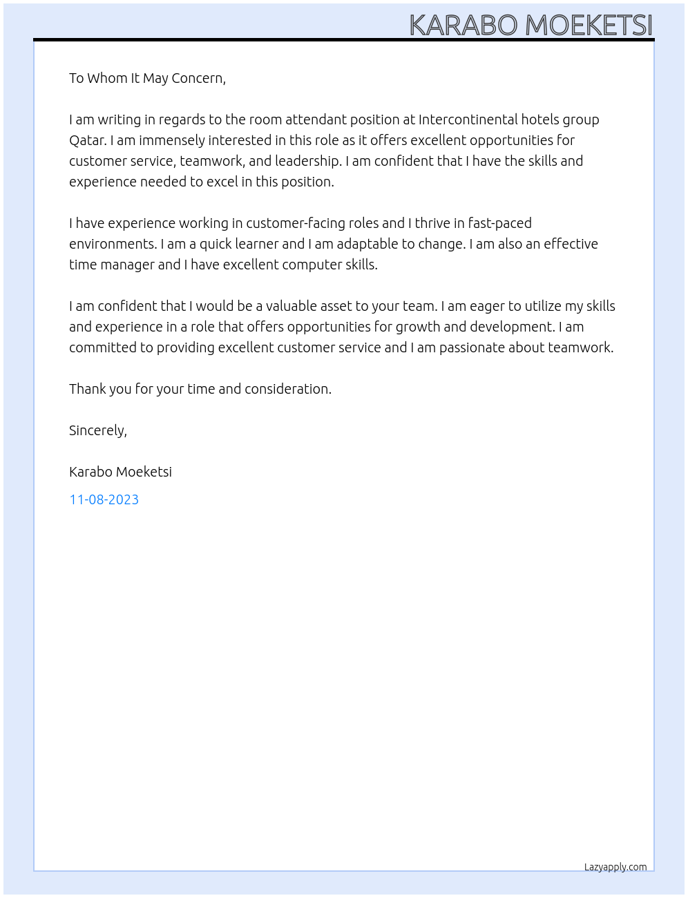 Room attendant  At Intercontinental hotels group Qatar Cover Letter