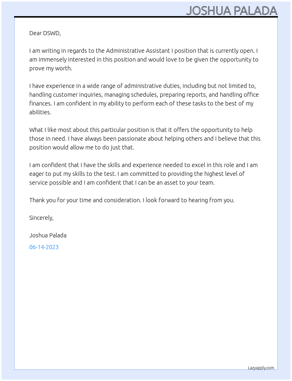 Administrative Assistant I At DSWD Cover Letter