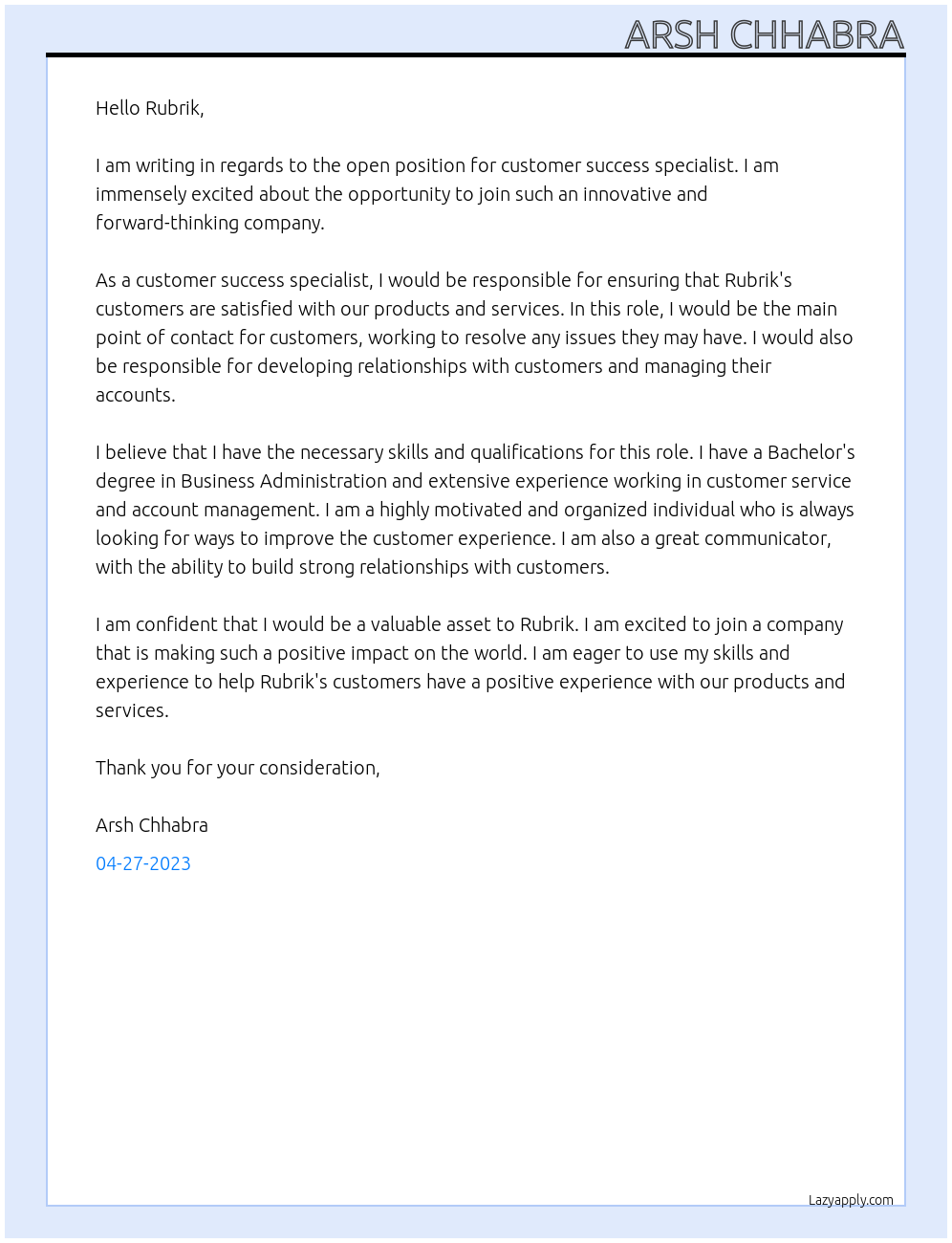Customer success specialist At Rubrik Cover Letter