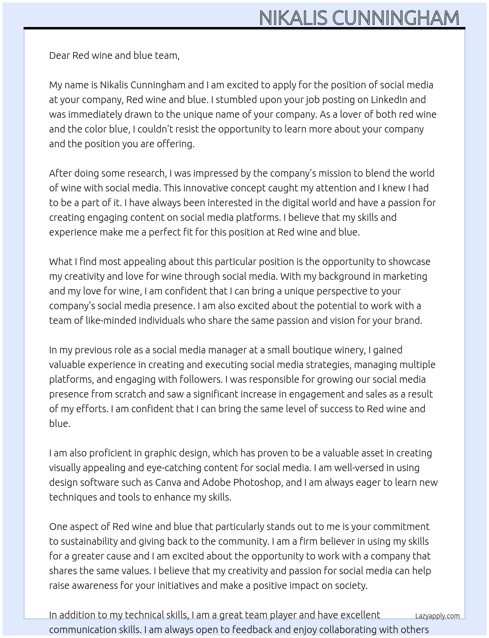 social media  At Red wine and blue  Cover Letter