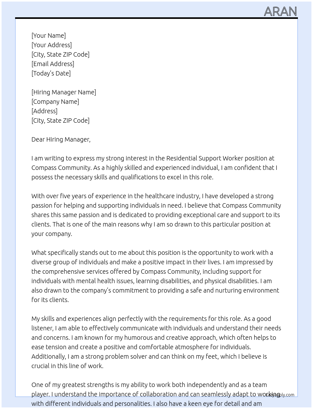 Residential Support Worker At Compass Community Cover Letter