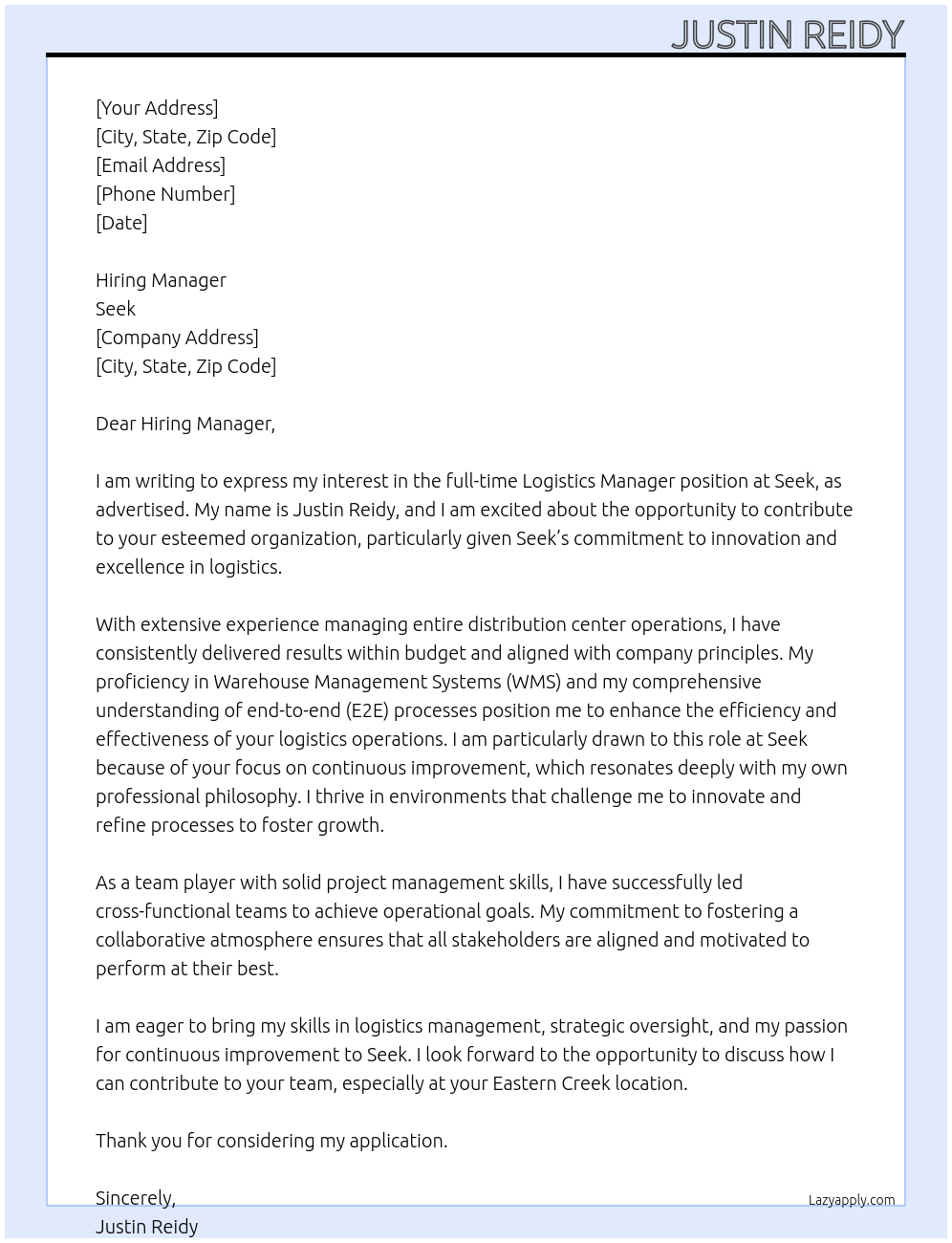 Logistics Manager At Seek Cover Letter