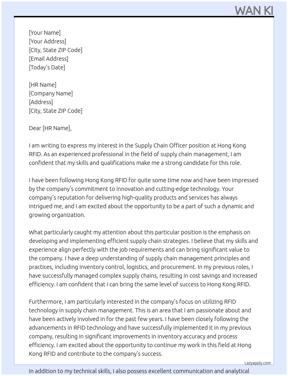 Supply chain officer At Hong Kong RFID Cover Letter