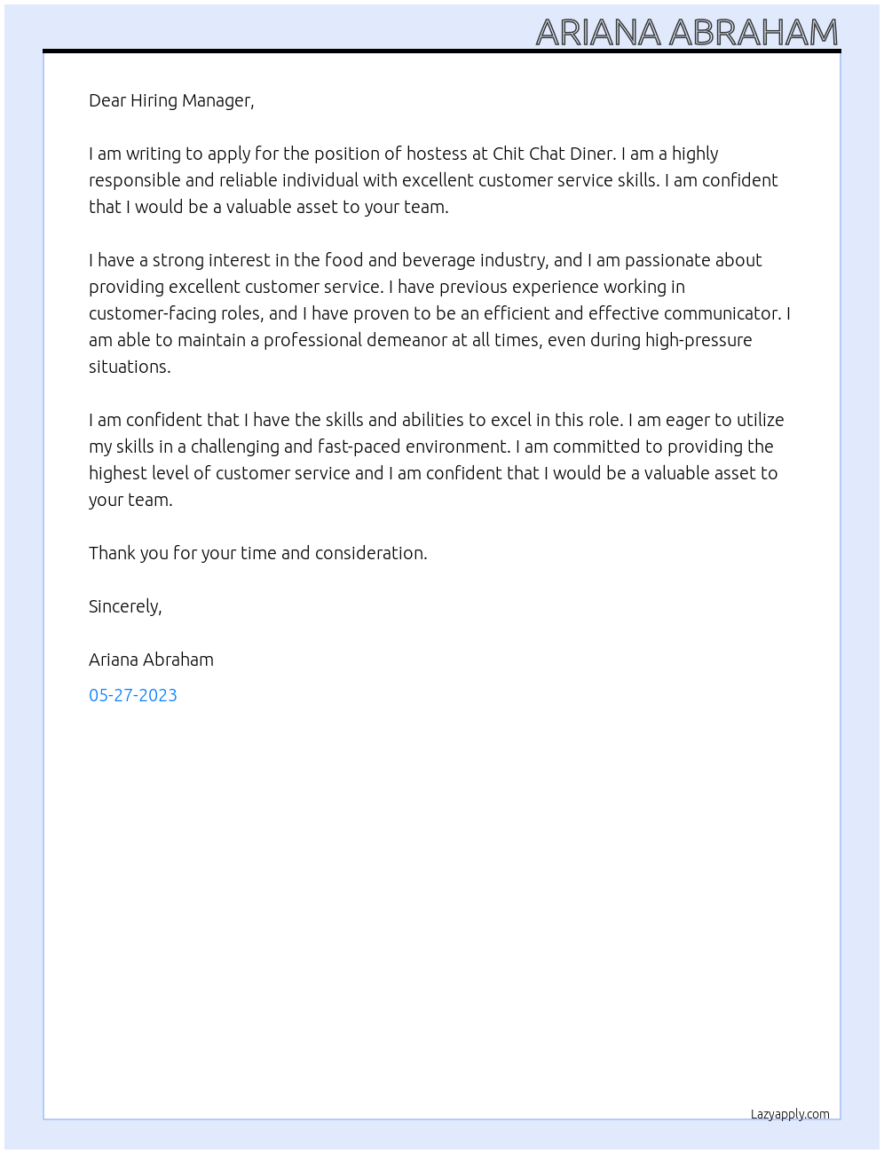 Hostess At Chit Chat Diner Cover Letter