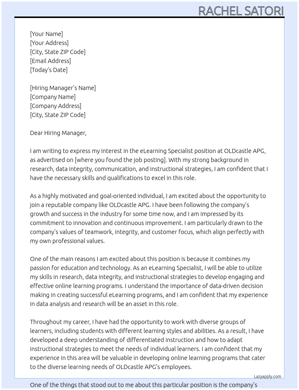 eLearning Specialist At OLDcastle APG Cover Letter