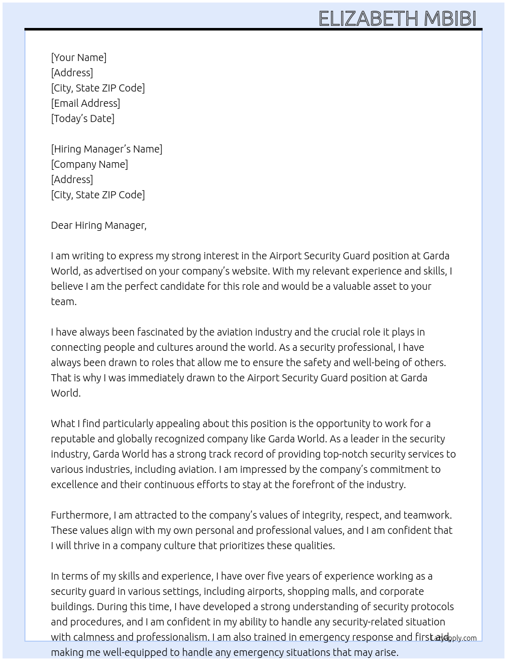 Airport Security Guard At Garda World Cover Letter