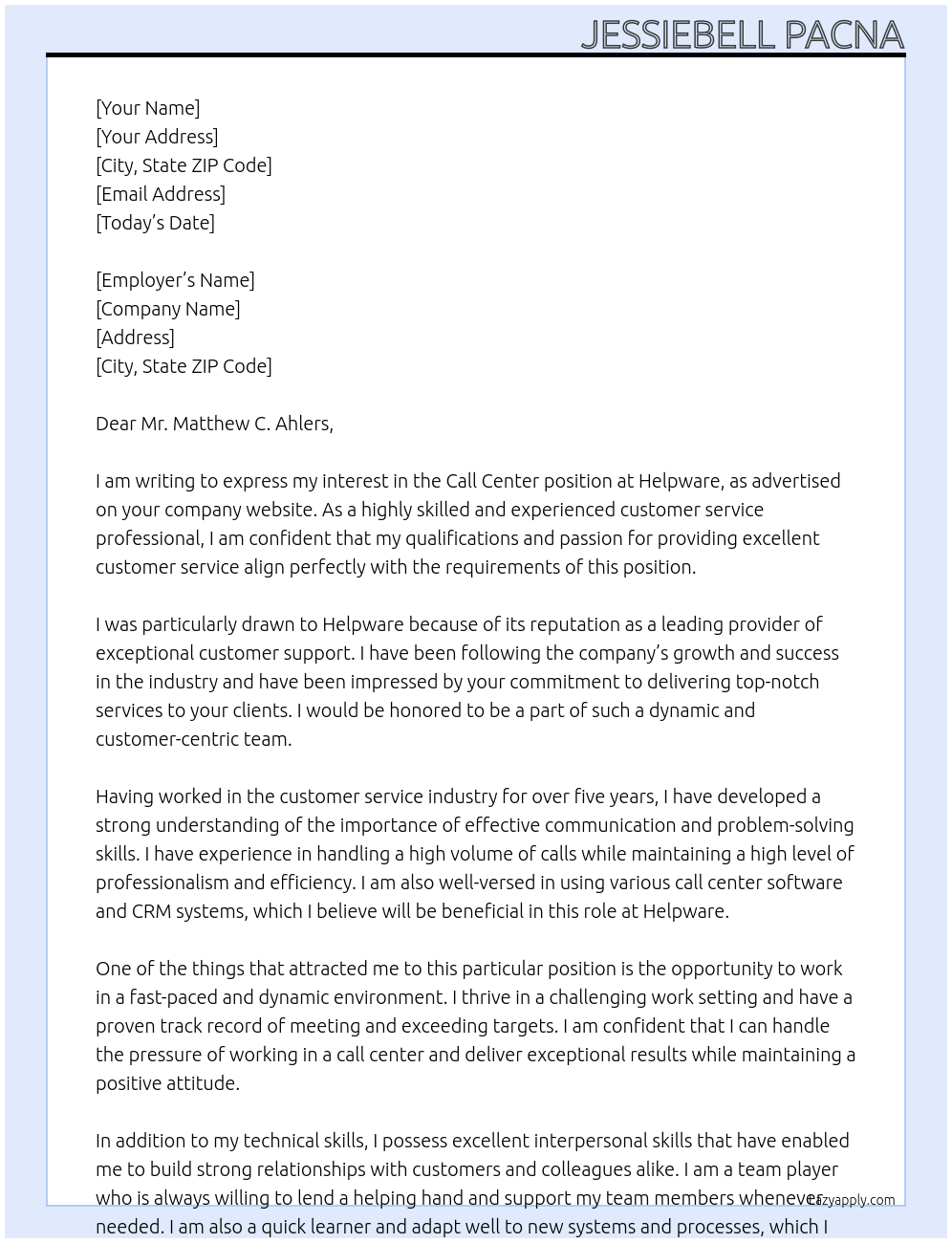 Call center At Helpware Cover Letter