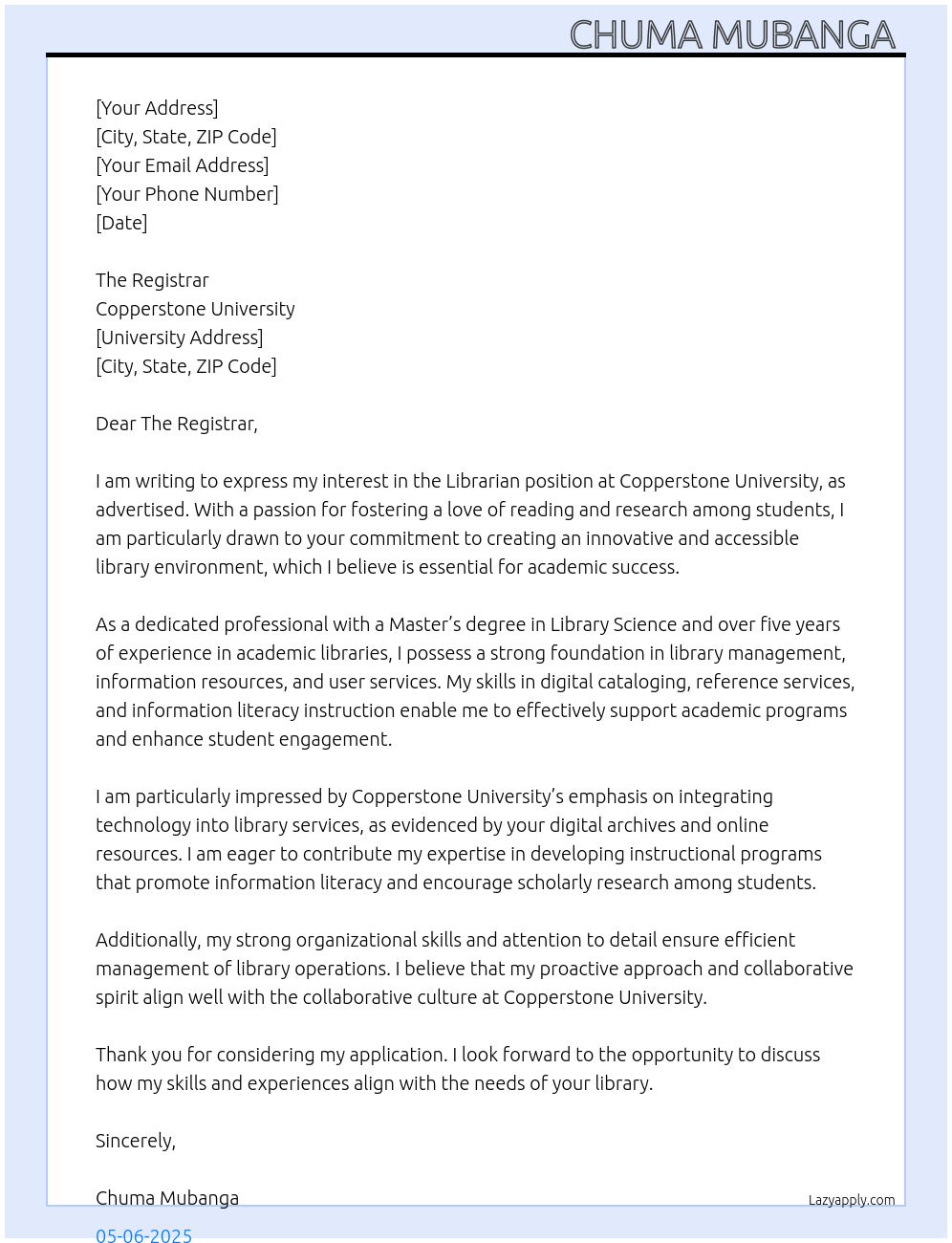 Librarian At Copperstone University Cover Letter