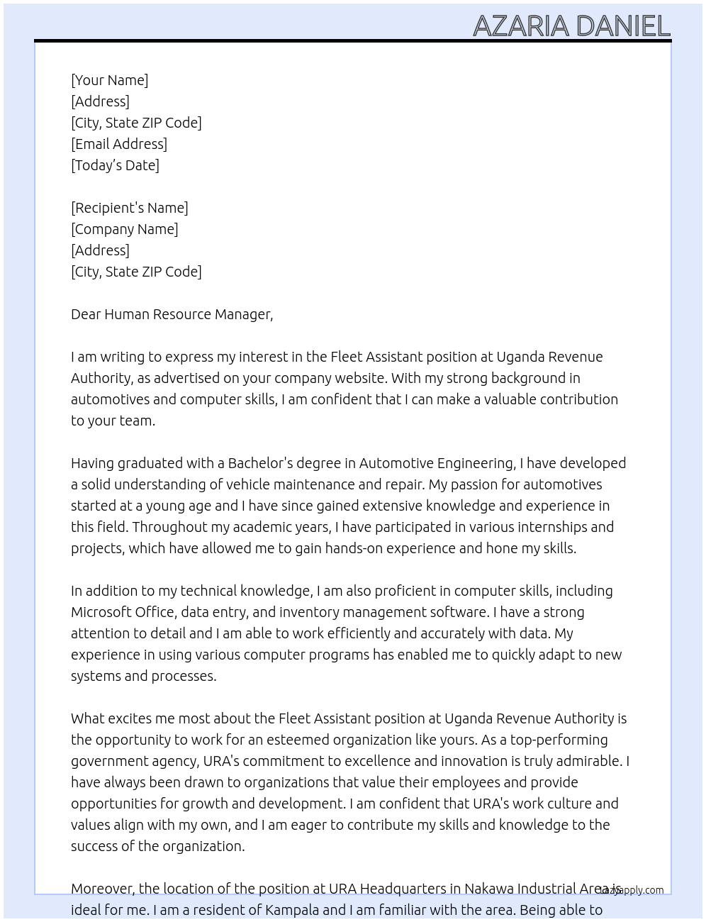 Fleet assistant At Uganda Revenue Authority Cover Letter