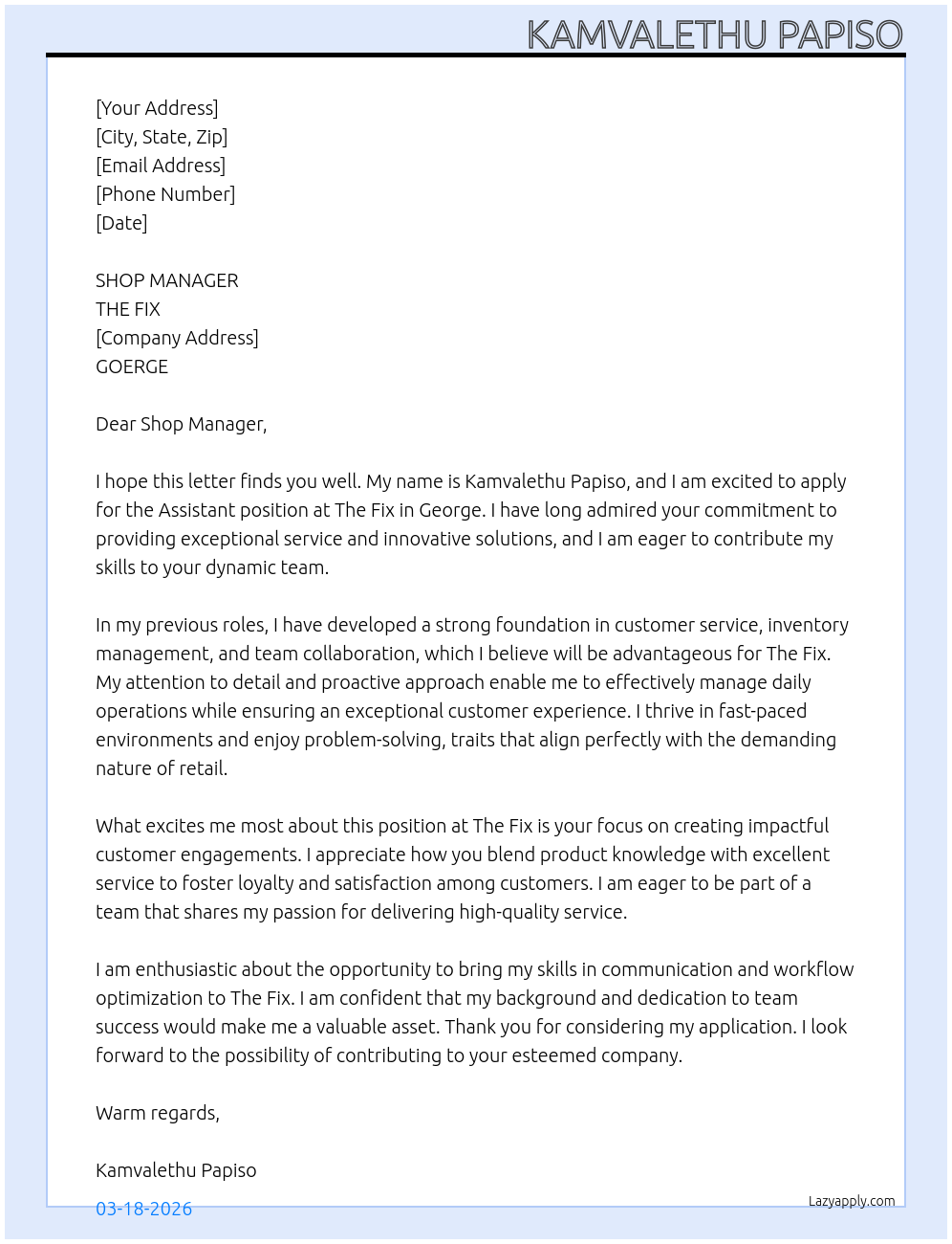 ASSISTANT At THE FIX Cover Letter