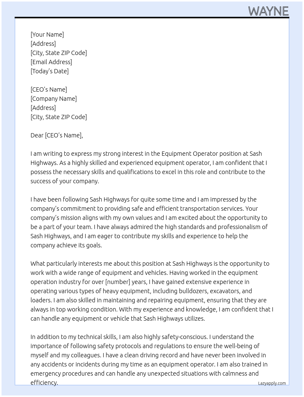 Equipment operator At Sash highways Cover Letter