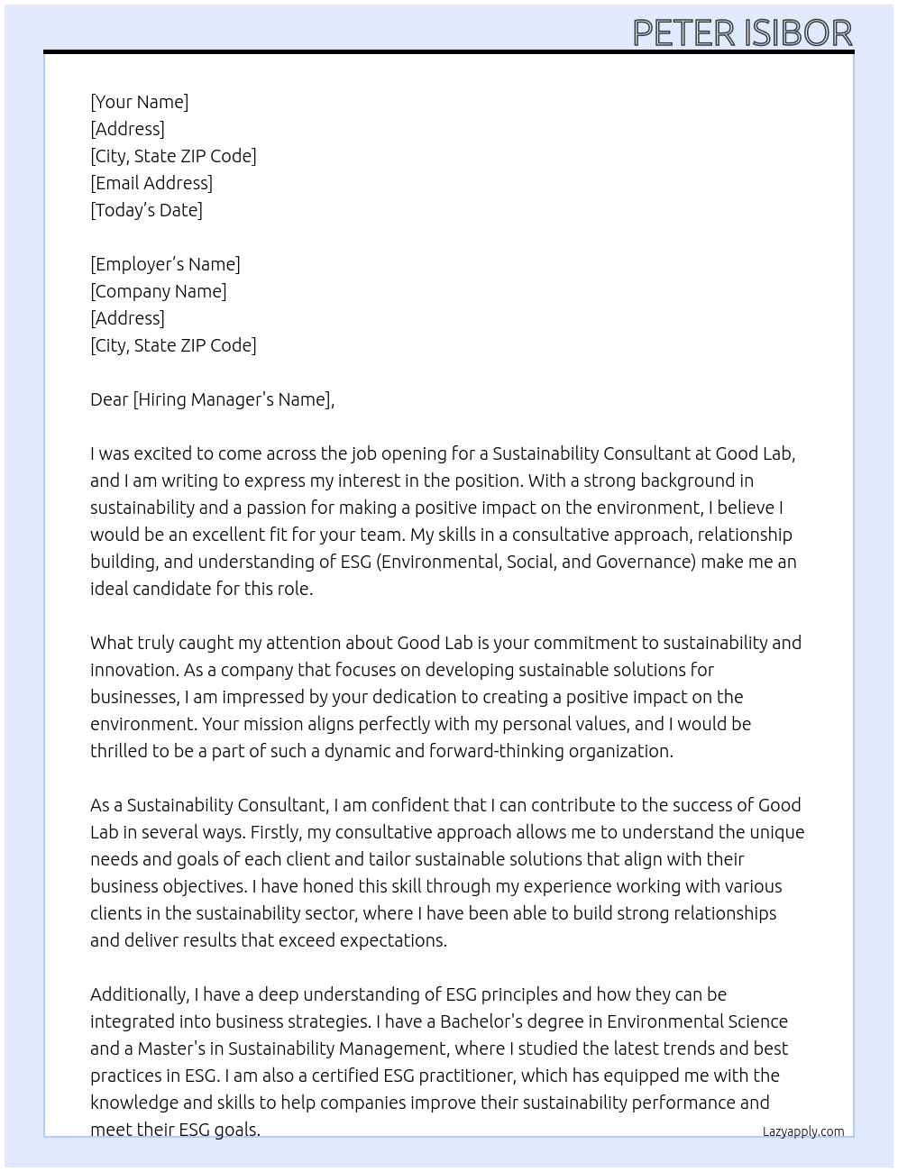 Sustainability consultant At Good Lab Cover Letter