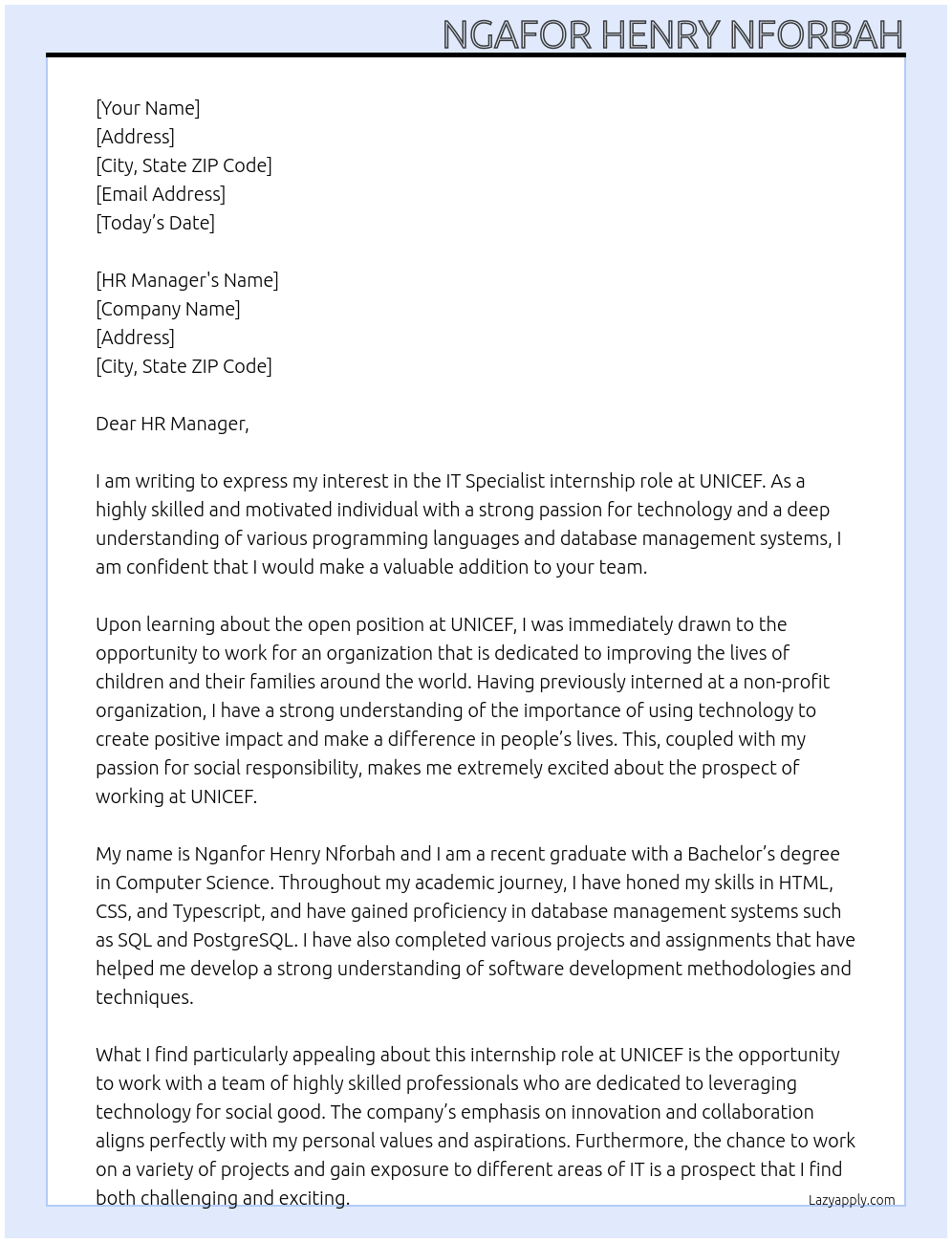 IT Specialist At UNICEF Internship Cover Letter