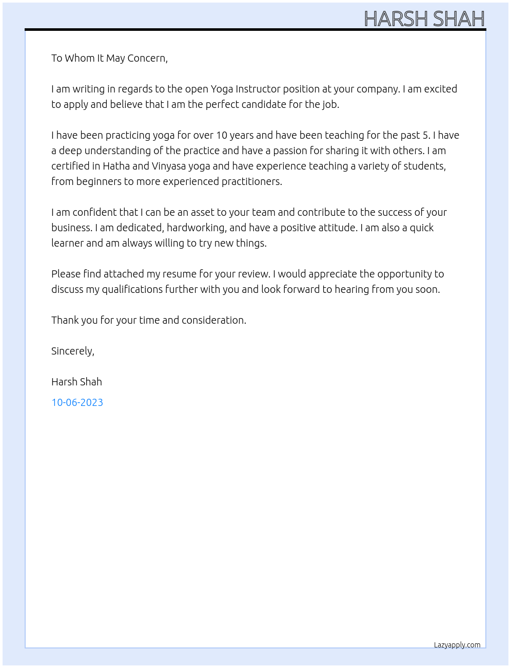 Yoga Instructor  At H Cover Letter