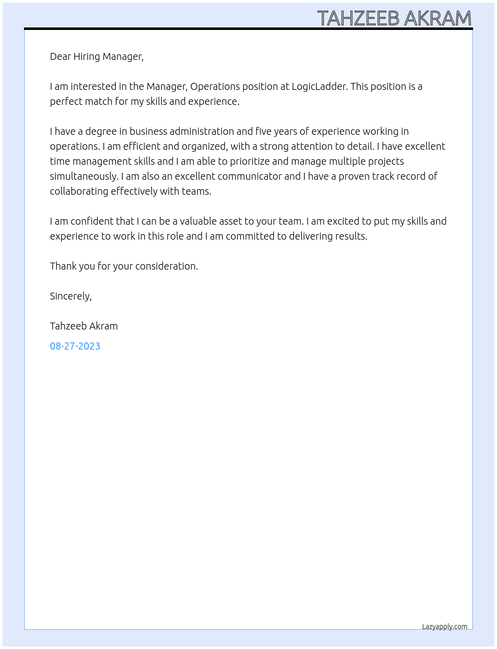 Manager, Operations At LogicLadder Cover Letter